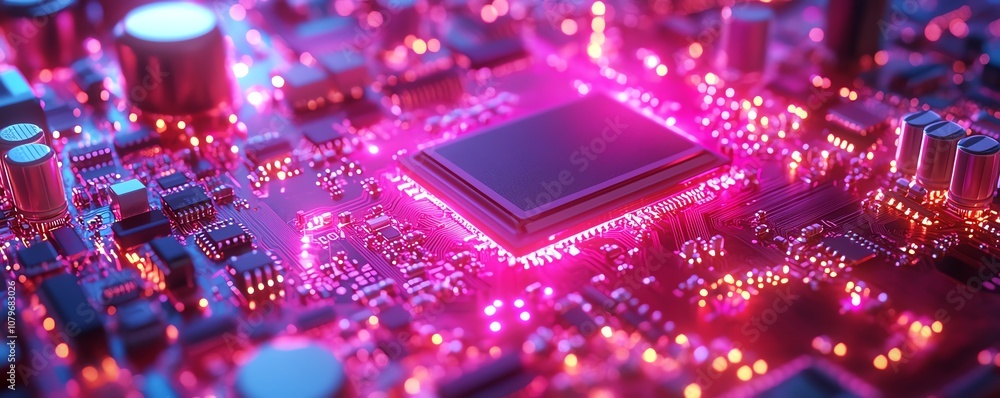 Poster 3d visualization of a futuristic computer motherboard, glowing circuits and intricate patterns symbo