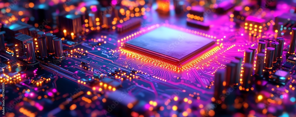 Aufkleber 3D visualization of a futuristic computer motherboard, glowing circuits and intricate patterns symbolizing the backbone of digital communication and advanced technology