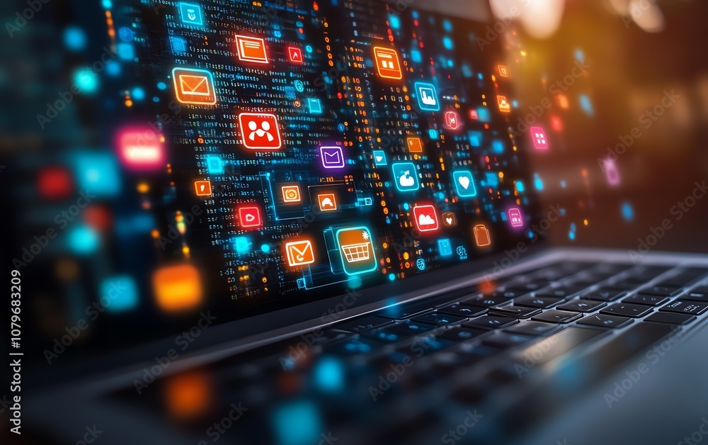 Aufkleber a laptop screen filled with colorful digital icons and apps floating in midair, symbolizing the worl
