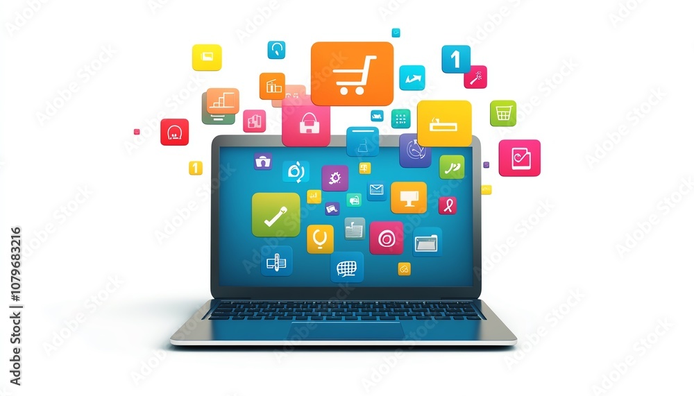 Poster a laptop with colorful digital icons and apps hovering above, representing the digital world of onli