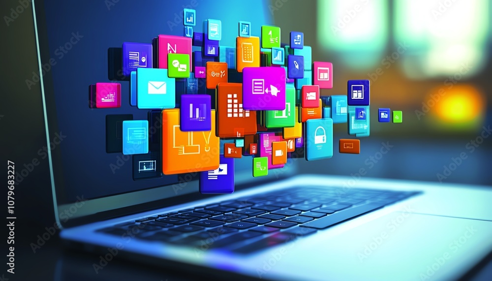 Aufkleber A laptop with colorful digital icons and apps hovering above, representing the digital world of online connectivity, communication, and modern technology in vibrant colors