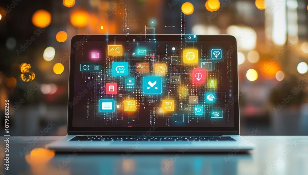 Poster a laptop with colorful digital icons and apps hovering above, representing the digital world of onli