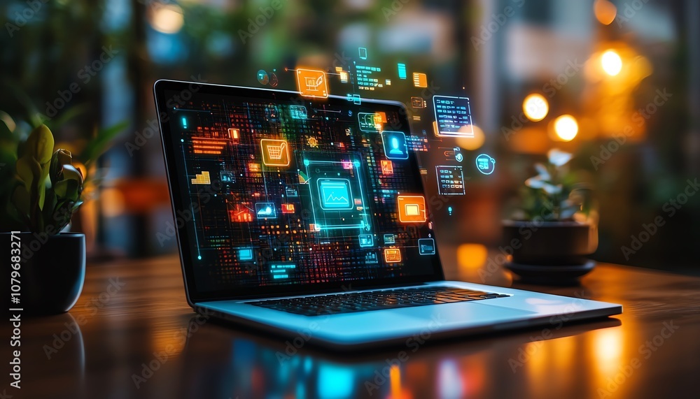 Aufkleber a laptop with colorful digital icons and apps hovering above, representing the digital world of onli