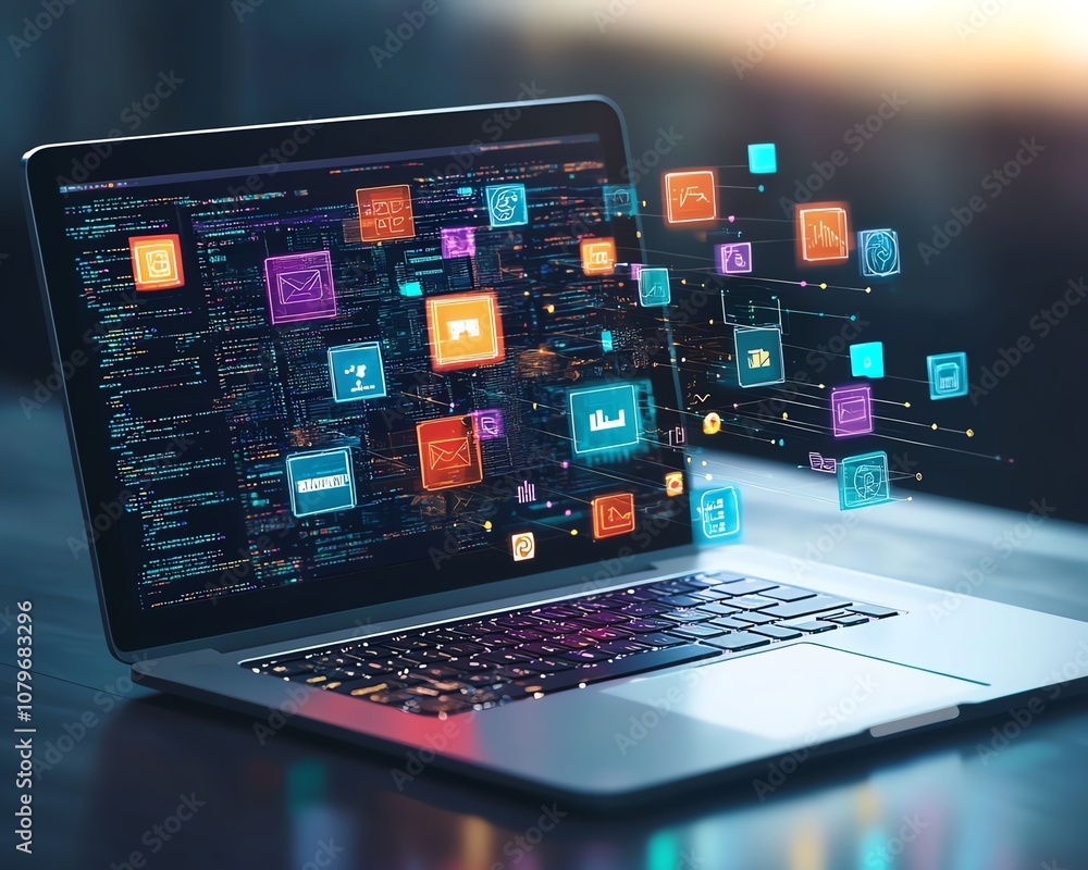Fototapete a laptop with colorful icons and apps hovering above it, visualizing the interconnected world of onl