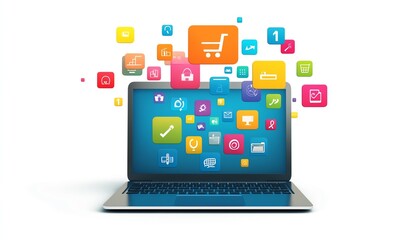 A laptop with colorful digital icons and apps hovering above, representing the digital world of online connectivity, communication, and modern technology in vibrant colors