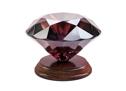 Large faceted gemstone on a wooden stand.