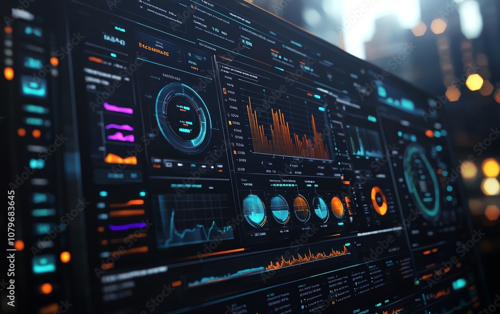 Poster Advanced hightech control dashboard displaying realtime performance charts, analytics, and data visualization in a futuristic industrial environment