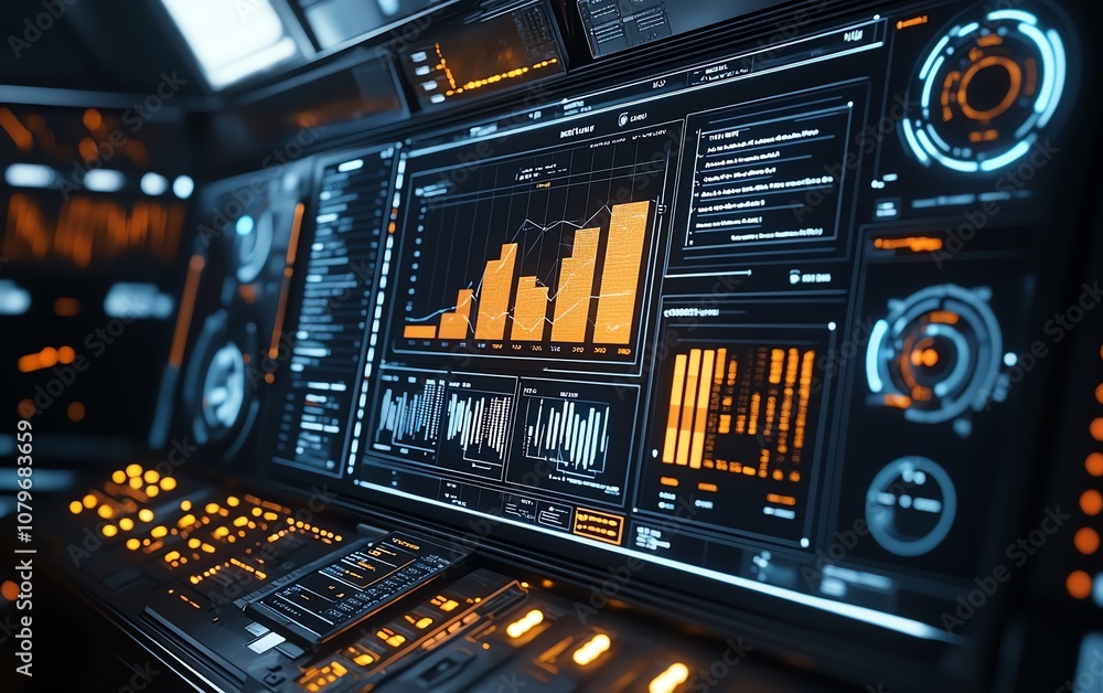Poster Advanced hightech control dashboard displaying realtime performance charts, analytics, and data visualization in a futuristic industrial environment