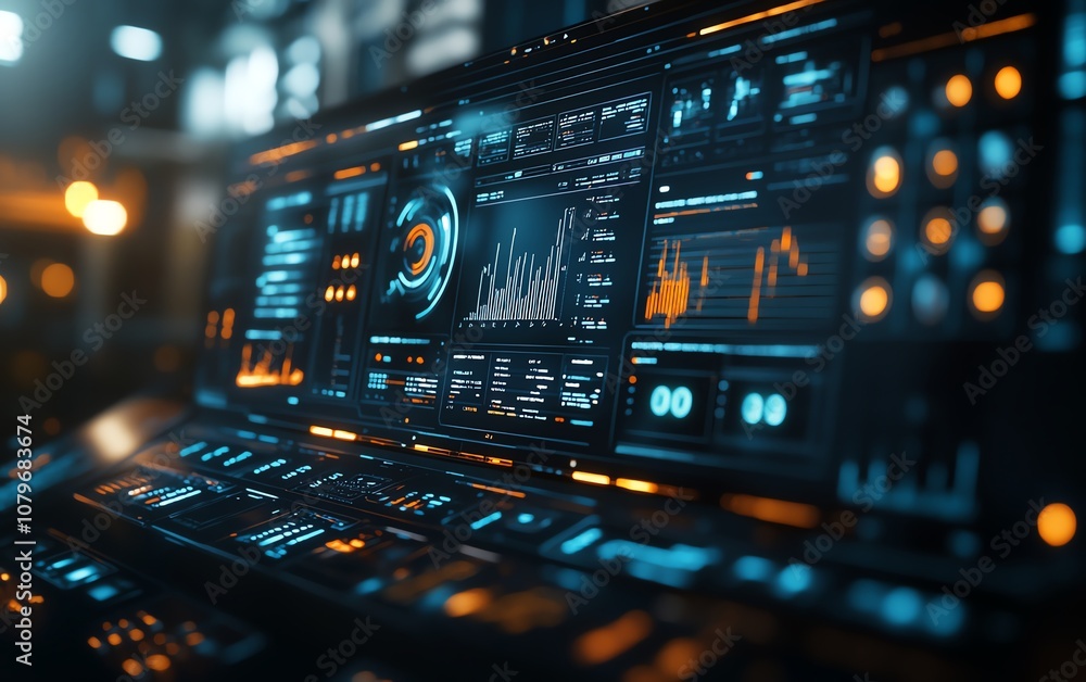 Poster Advanced hightech control dashboard displaying realtime performance charts, analytics, and data visualization in a futuristic industrial environment