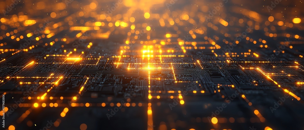 Fototapete detailed 3d rendering of a computer motherboard, glowing with digital pathways and circuits, symboli