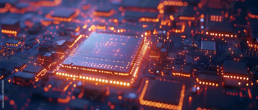 Fototapete detailed 3d rendering of a computer motherboard, glowing with digital pathways and circuits, symboli