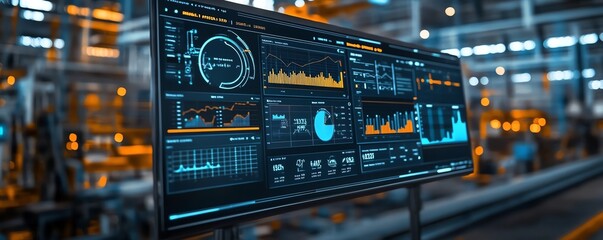 Obraz premium Control interface in a futuristic industrial environment, displaying realtime performance analytics and charts, part of an advanced dashboard for informed decisionmaking