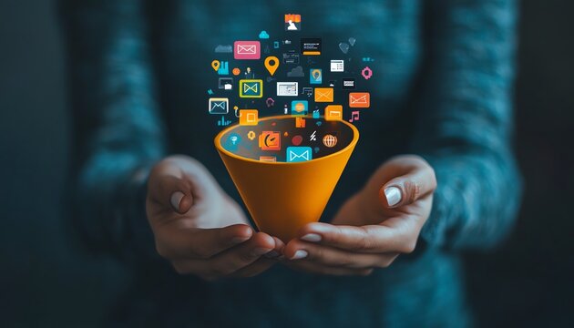 Digital marketing funnel held by a person, with colorful icons symbolizing SEO, social media, email marketing, and analytics, showcasing modern online marketing strategies