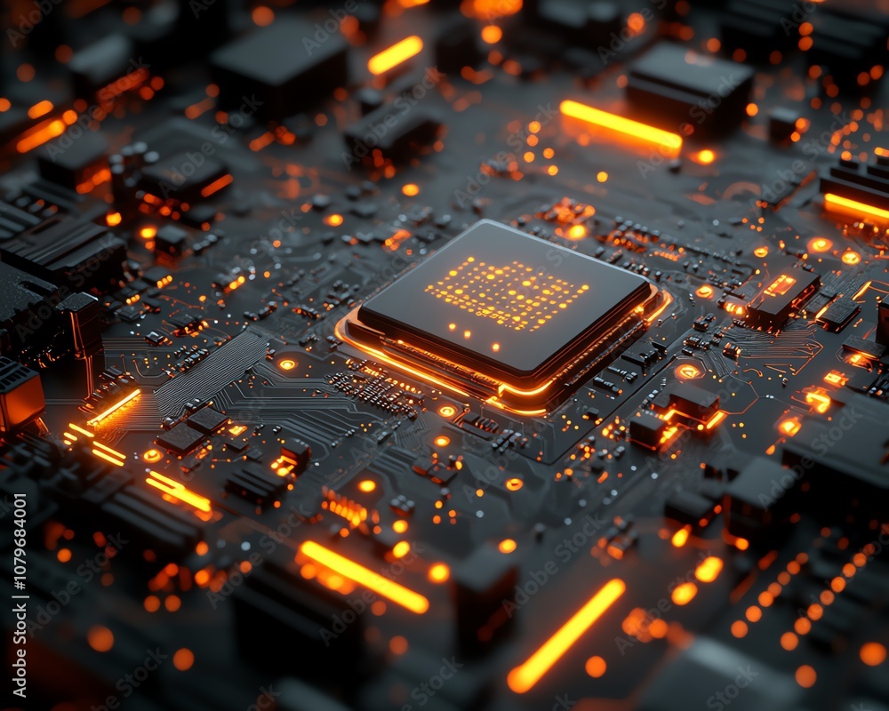 Leinwandbilder Futuristic 3D motherboard with glowing digital circuits, intricate design representing modern technology, digital communication, and advanced computing systems