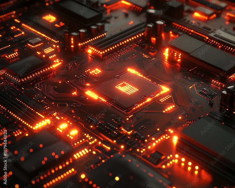 Poster Futuristic 3D motherboard with glowing digital circuits, intricate design representing modern technology, digital communication, and advanced computing systems