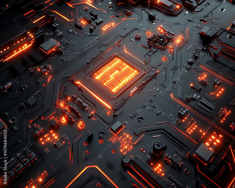 Poster Futuristic 3D motherboard with glowing digital circuits, intricate design representing modern technology, digital communication, and advanced computing systems