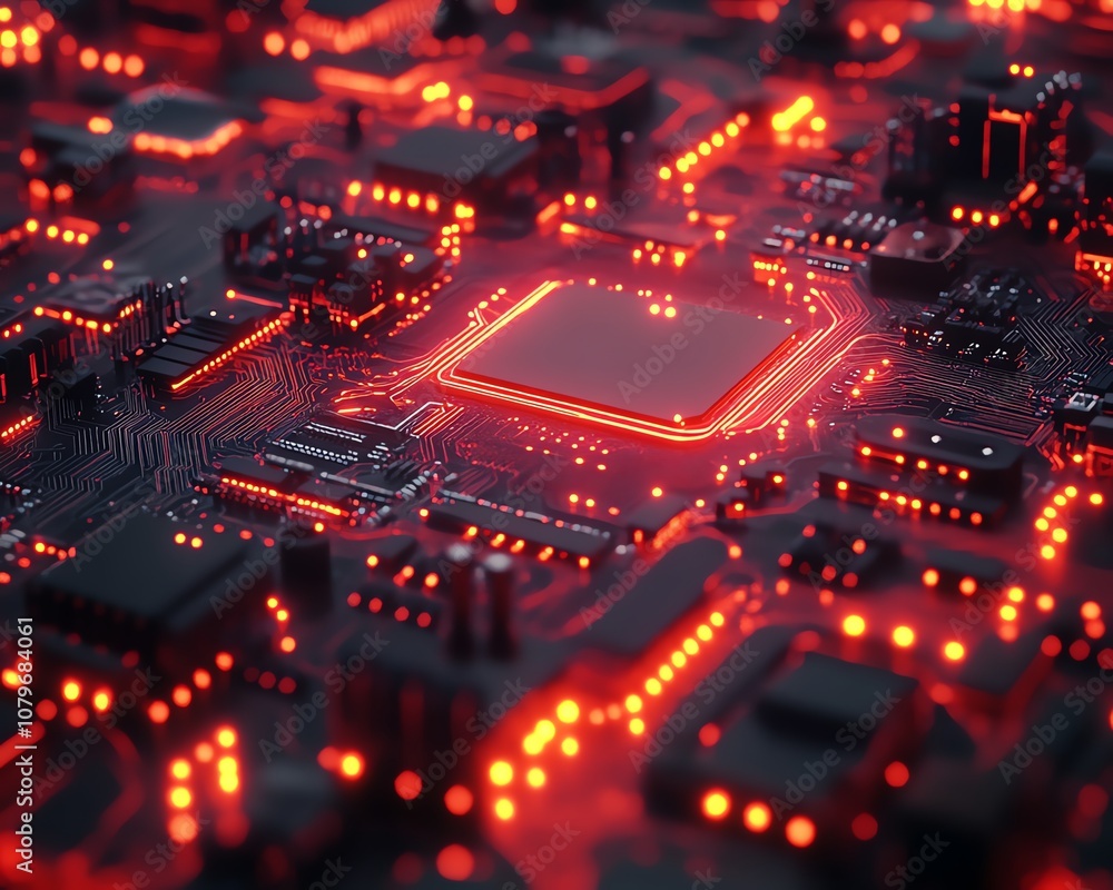 Poster futuristic 3d motherboard with glowing digital circuits, intricate design representing modern techno