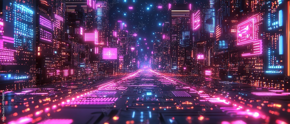 Poster Futuristic 3D rendering of a computer motherboard with glowing pathways, intricate circuits, and digital nodes symbolizing the evolution of modern technology and communication