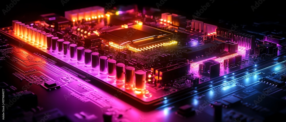 Fototapete futuristic 3d rendering of a computer motherboard with glowing pathways, intricate circuits, and dig