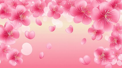 Fototapeta premium A vibrant floral background with pink blossoms and hearts, perfect for celebrations or invitations.