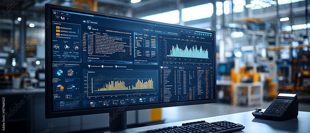 Poster Futuristic control interface with realtime analytics and performance charts, advanced dashboard in an industrial setting, showcasing technologydriven decisionmaking