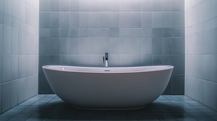 Minimalist Modern Bathroom with Freestanding Bathtub and Elegant Gray Tiled Walls Creating a Serene and Relaxing Atmosphere