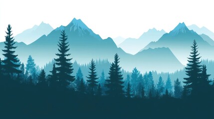 A serene mountain landscape with layered peaks and evergreen trees in a gradient of blue hues.