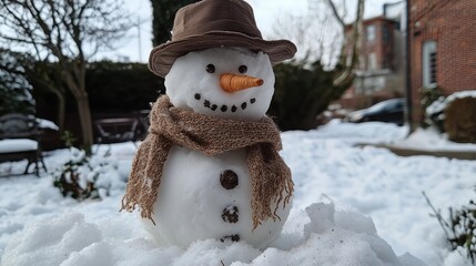 Snowman wearing a top hat and scarf in a snowy park.