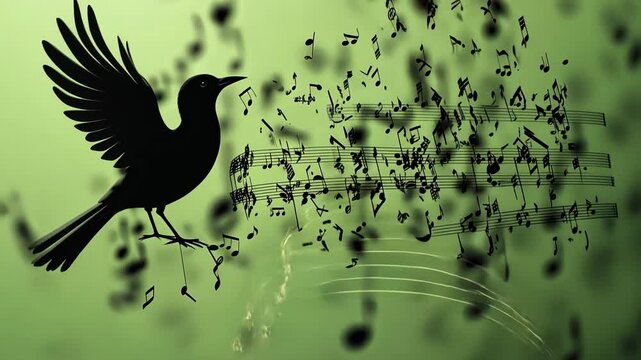 Bird Singing Melody: Abstract art of a black bird perched on a branch, singing a melodious tune, surrounded by musical notes, set against a soft green background.