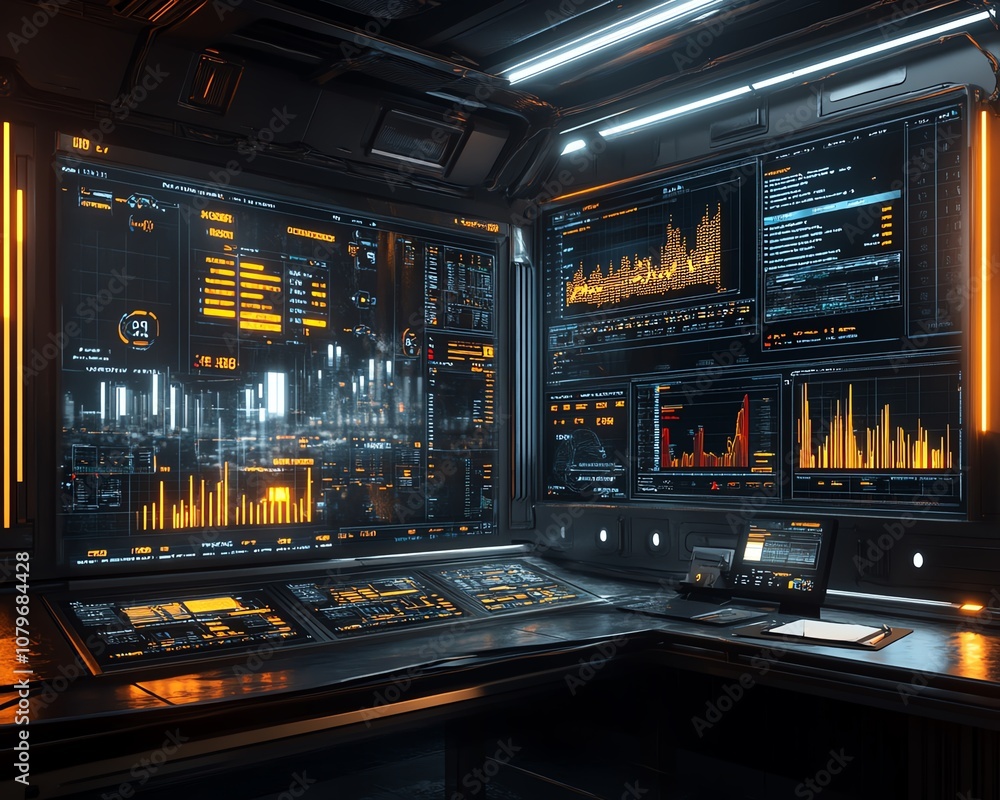 Poster Futuristic industrial setting with a hightech control interface showing realtime analytics, performance charts, and dynamic data visualizations, enabling datadriven decisions