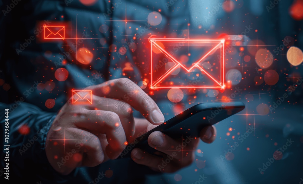 Poster businessman using smartphone with email notification icon - online security and spam alert for busin