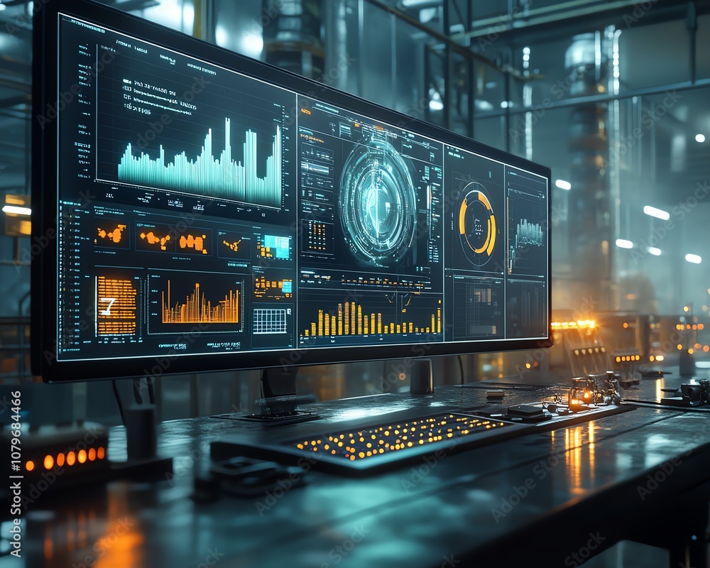 Fototapete Futuristic industrial setting with a hightech control interface showing realtime analytics, performance charts, and dynamic data visualizations, enabling datadriven decisions