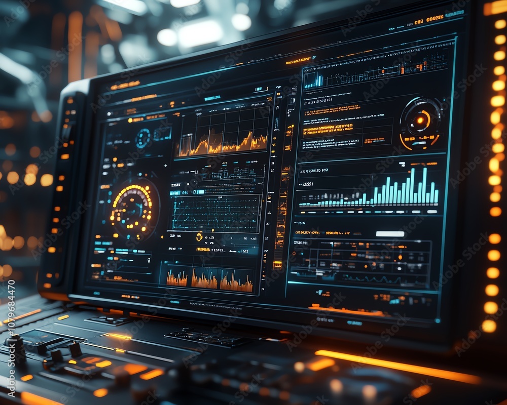 Poster Futuristic industrial setting with a hightech control interface showing realtime analytics, performance charts, and dynamic data visualizations, enabling datadriven decisions
