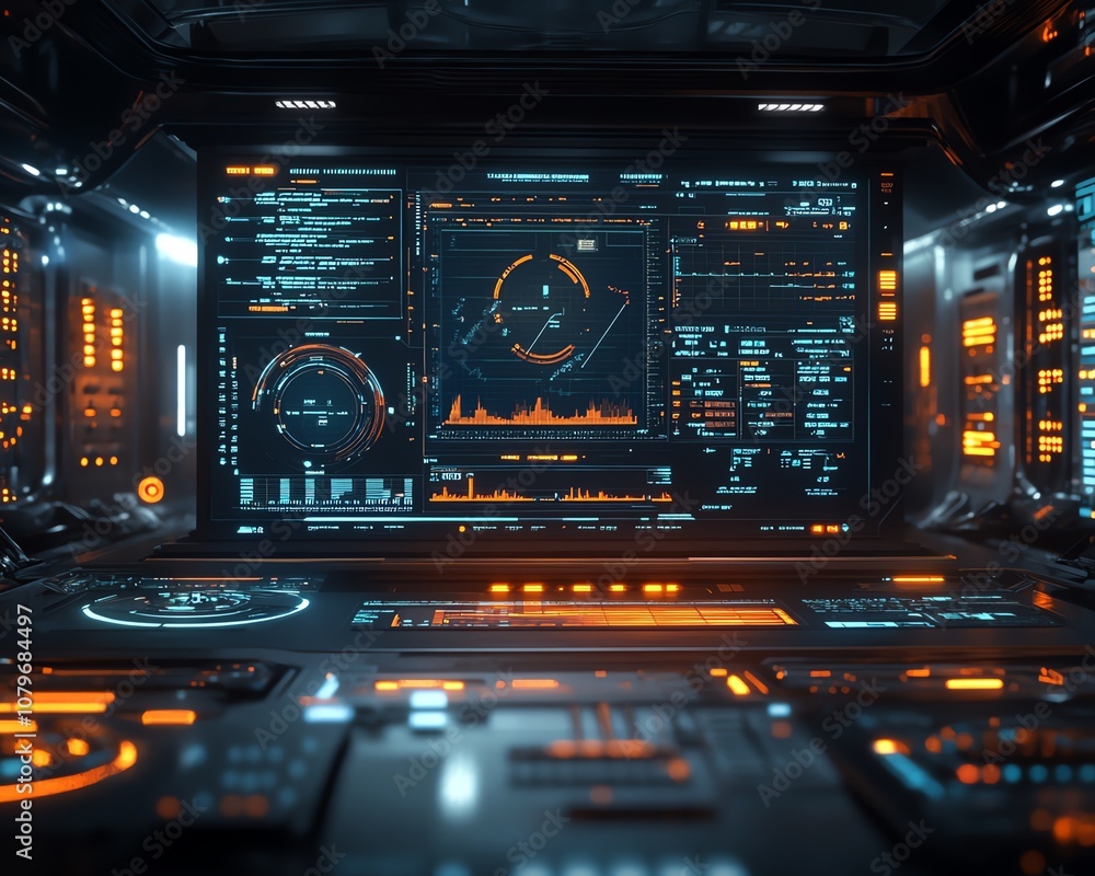 Fototapete Futuristic industrial setting with a hightech control interface showing realtime analytics, performance charts, and dynamic data visualizations, enabling datadriven decisions