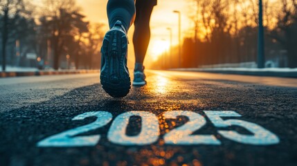 A person walking on the road, with the words "2025" marked on the ground, highlighting movement and determination. The blurry background outlines a sense of tranquility and motivation.