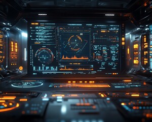 Obraz premium Futuristic industrial setting with a hightech control interface showing realtime analytics, performance charts, and dynamic data visualizations, enabling datadriven decisions