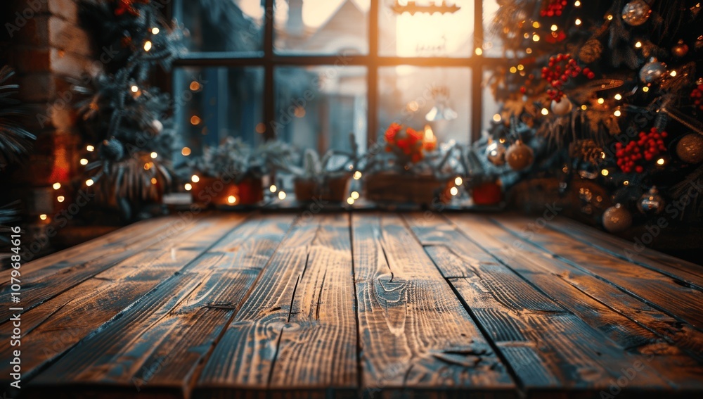 Poster empty wooden table with christmas tree and lights in the background at night for product display