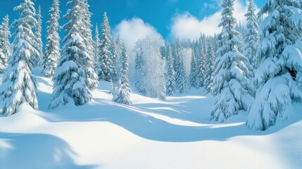 Fototapeta premium A serene winter landscape covered in fresh snow with tall evergreen trees.
