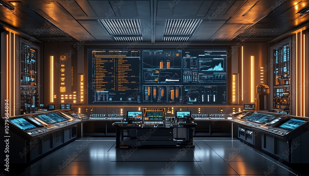 Aufkleber Hightech control panel featuring performance analytics and realtime data charts, set in a futuristic industrial environment for optimizing decisionmaking and performance