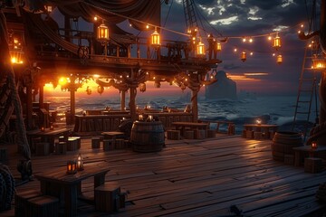 Pirate Themed Nightclub with Treasure Chest Spotlights and Ship Sail Shadows for an Adventurous Evening