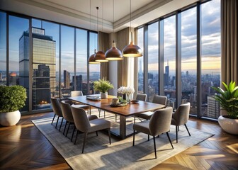 Stunning Modern Dining Room with Breathtaking City View, Elegant Decor, Natural Light, Contemporary Design, Urban Lifestyle, Luxury Interiors, Open Space, Aesthetic Atmosphere, Drone Photography