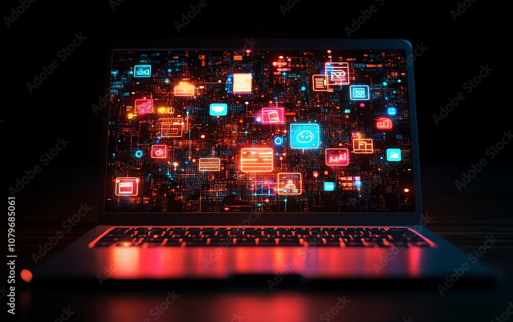 Aufkleber Laptop displaying an array of vibrant digital icons and apps floating above, symbolizing the evergrowing world of online connectivity and advanced technology
