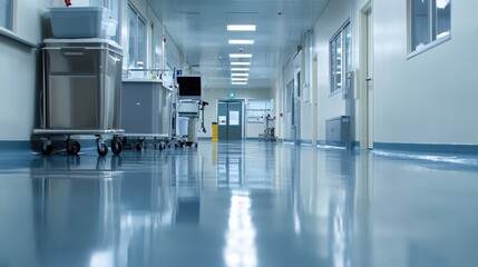 Modern Hospital Corridor with Clean Floors and Medical Equipment in a Brightly Lit Healthcare Facility