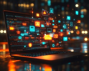 Obraz premium Laptop screen showing vibrant digital icons and apps floating in the air, representing online connectivity, communication, and technology in a visually engaging way