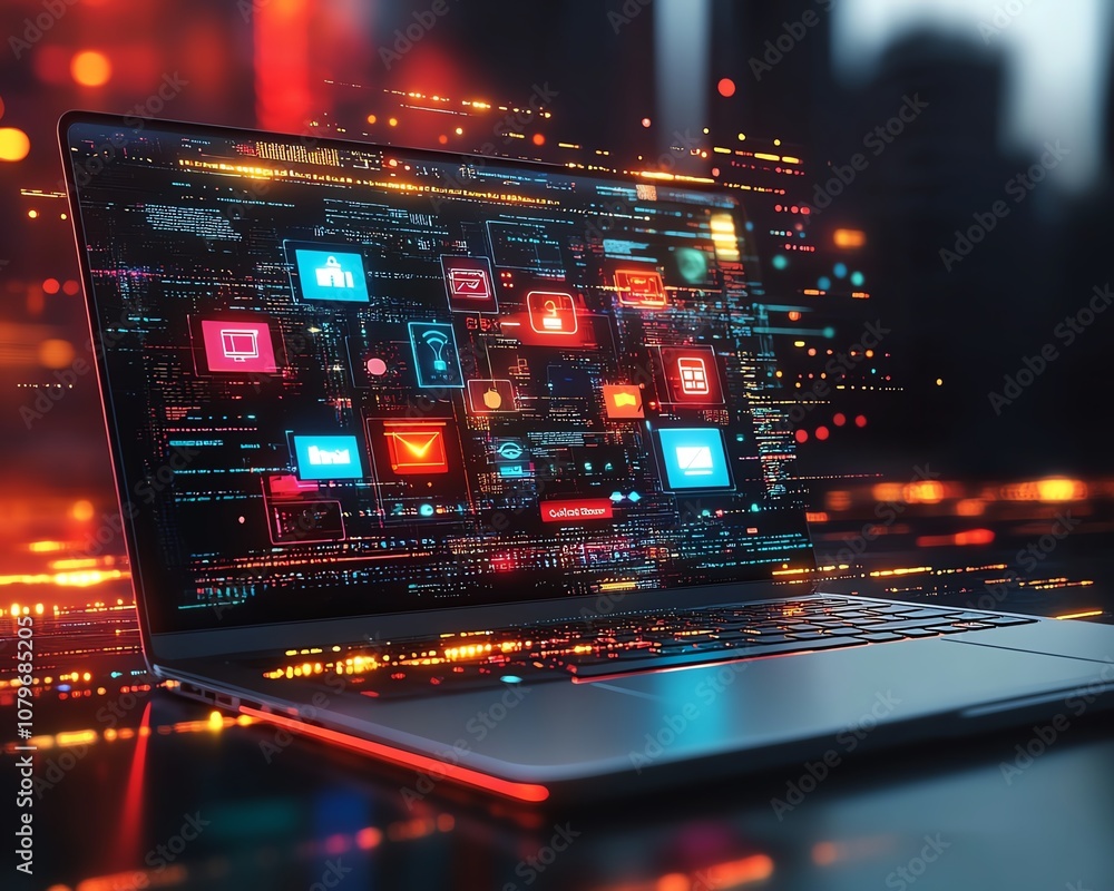 Poster laptop with floating digital icons and apps, colorful symbols representing the world of online conne