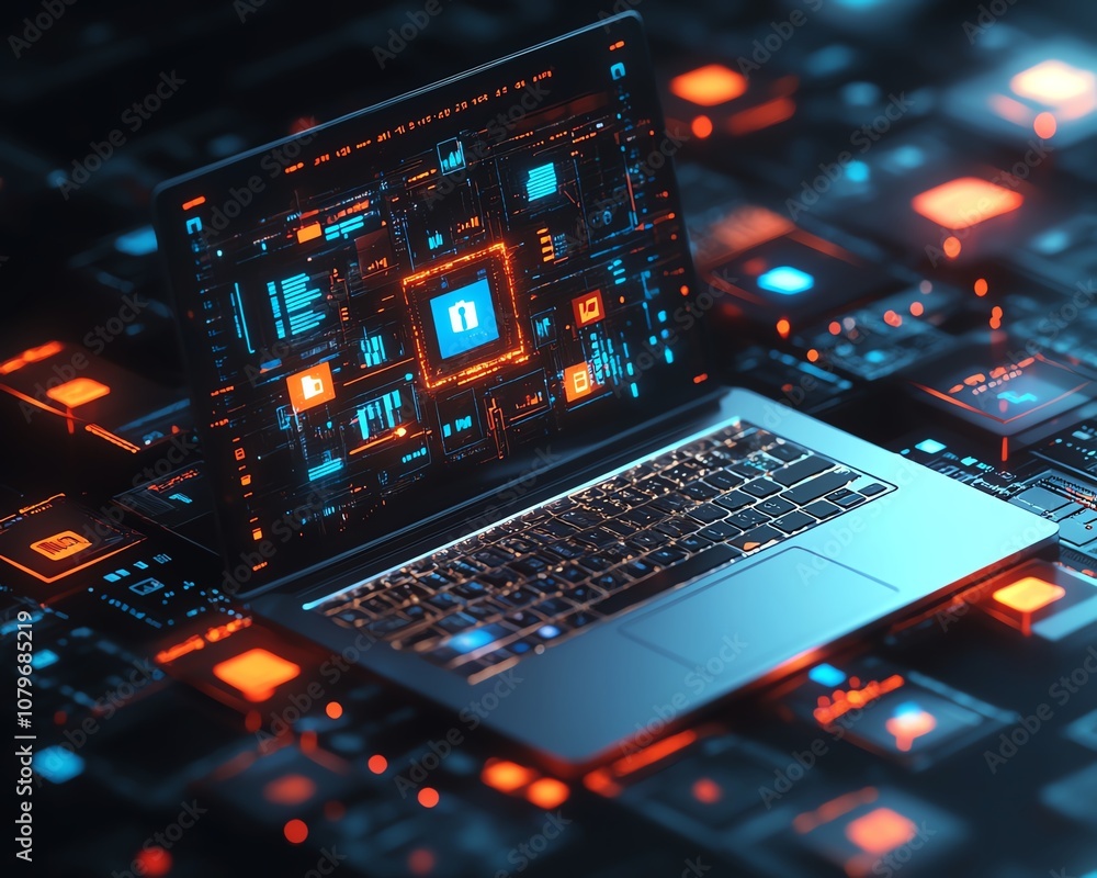 Poster laptop with floating digital icons and apps, colorful symbols representing the world of online conne