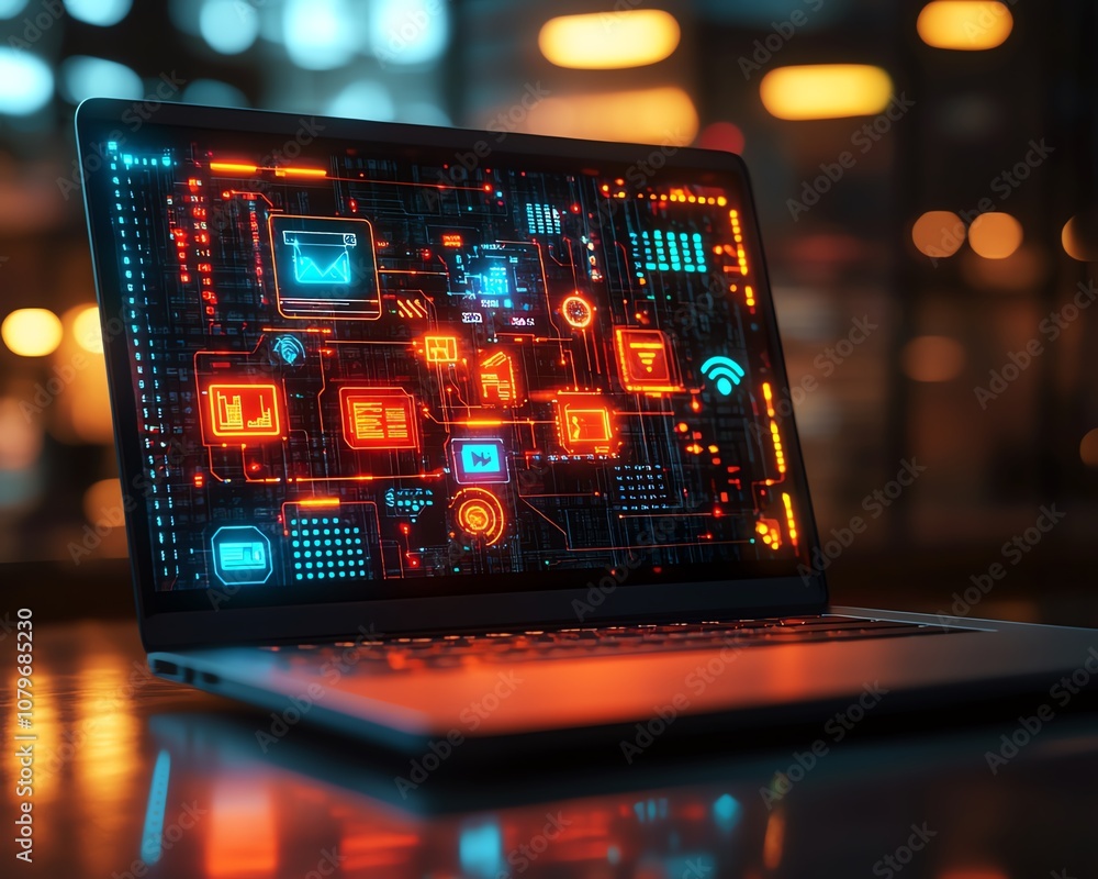 Poster laptop with floating digital icons and apps, colorful symbols representing the world of online conne