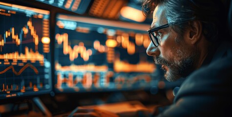 Financial trader analyzing stock market data on computer screens for investment strategy analysis in office setting with charts and graphs
