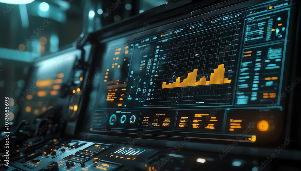Aufkleber Realtime analytics and performance charts displayed on a hightech control interface, part of a futuristic industrial setting, emphasizing datadriven decisionmaking