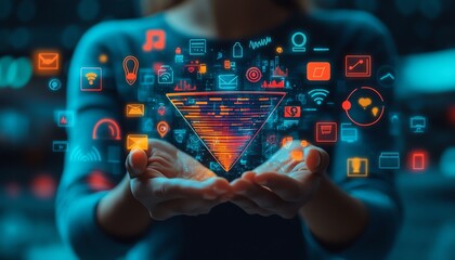 Person holding a digital marketing funnel, surrounded by vibrant icons of online tools like analytics, SEO, and social media, symbolizing the dynamic world of digital marketing
